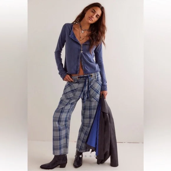 Free People WE THE FREE: Moxie Barrel Low Slung Pull On Jeans In Plaid …NWOT - Picture 1 of 10